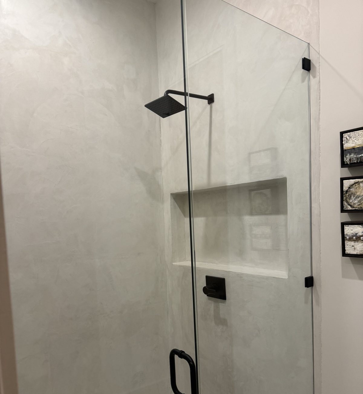Velluto microcement walk-in shower with linear drain and frameless glass — West Meade